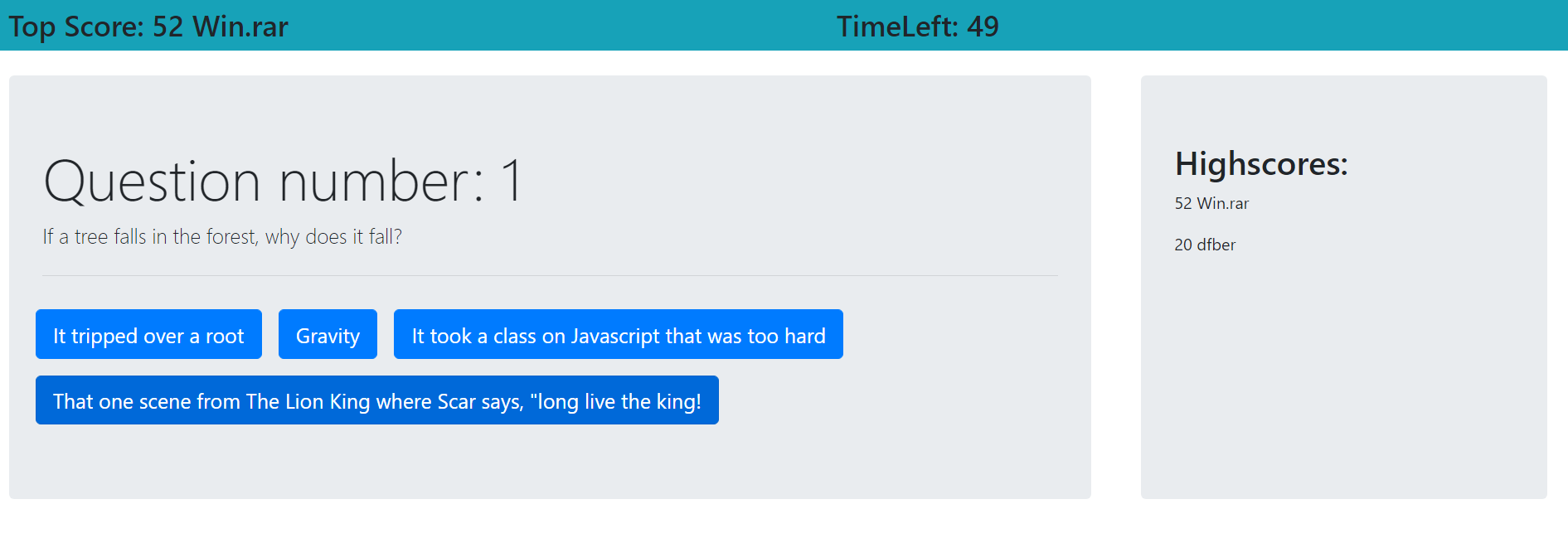 A screenshot of the JavaScript Quiz website