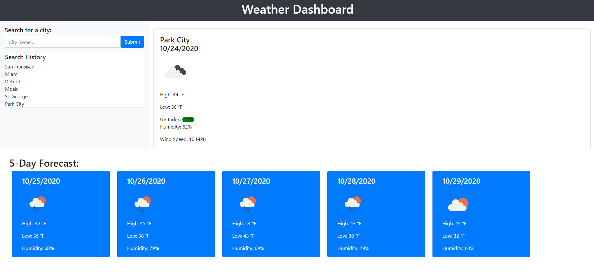 A screenshot of the Weather Dashboard website